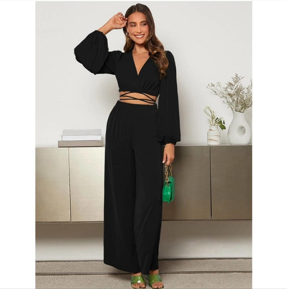 2 piece set: Lantern Sleeve Wrap Knot Back Crop Top & Wide Leg Pants black